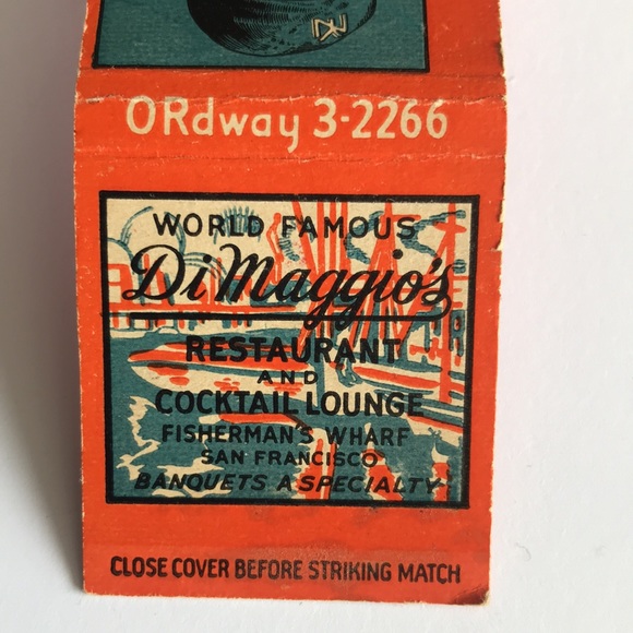 Jo DiMaggio Fisherman’s Wharf Matchbook Cover 1940’s scarce NY Yankees - Picture 3 of 4